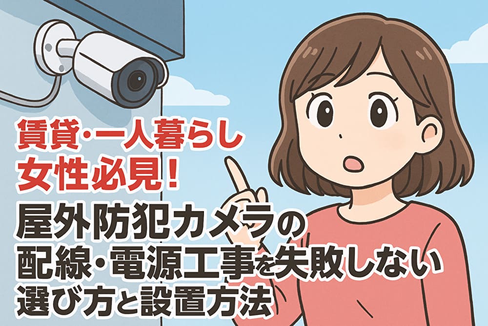 賃貸・一人暮らし女性必見！屋外防犯カメラの配線・電源工事を失敗しない選び方と設置方法【2025年最新版】のアイキャッチ画像